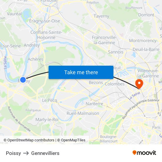 Poissy to Gennevilliers map