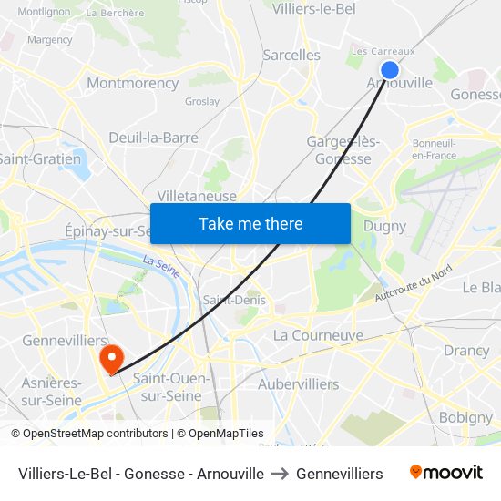 Villiers-Le-Bel - Gonesse - Arnouville to Gennevilliers map
