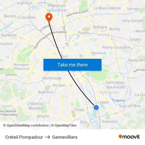 Créteil Pompadour to Gennevilliers map