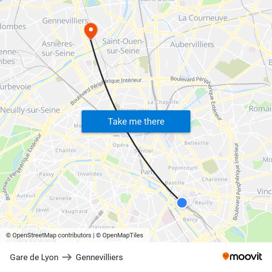 Gare de Lyon to Gennevilliers map