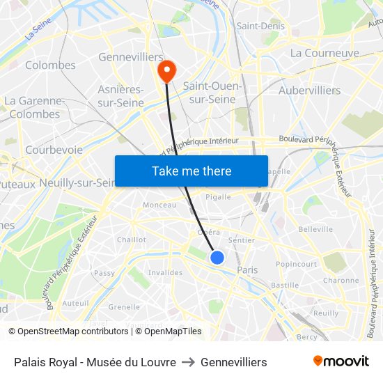 Palais Royal - Musée du Louvre to Gennevilliers map