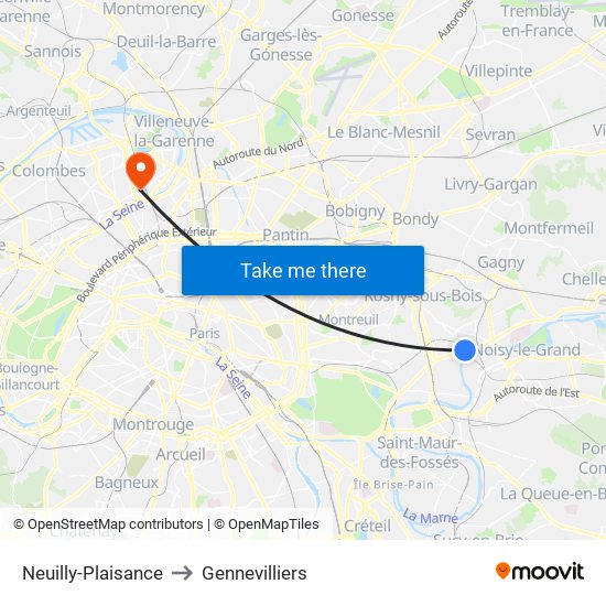 Neuilly-Plaisance to Gennevilliers map