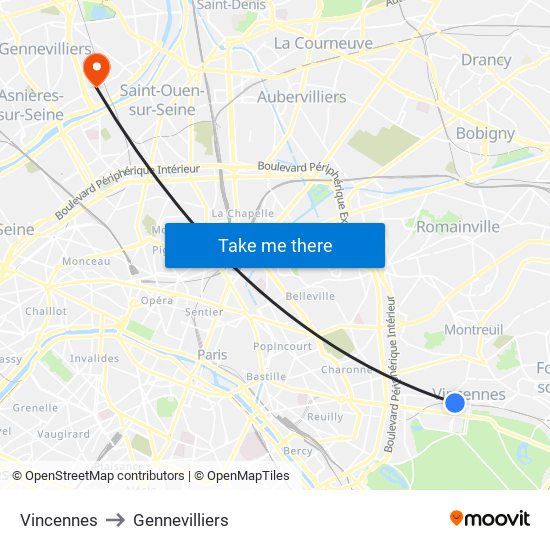 Vincennes to Gennevilliers map