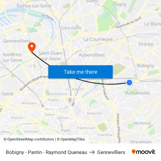 Bobigny - Pantin - Raymond Queneau to Gennevilliers map