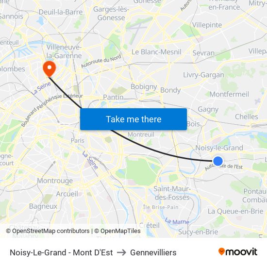 Noisy-Le-Grand - Mont D'Est to Gennevilliers map