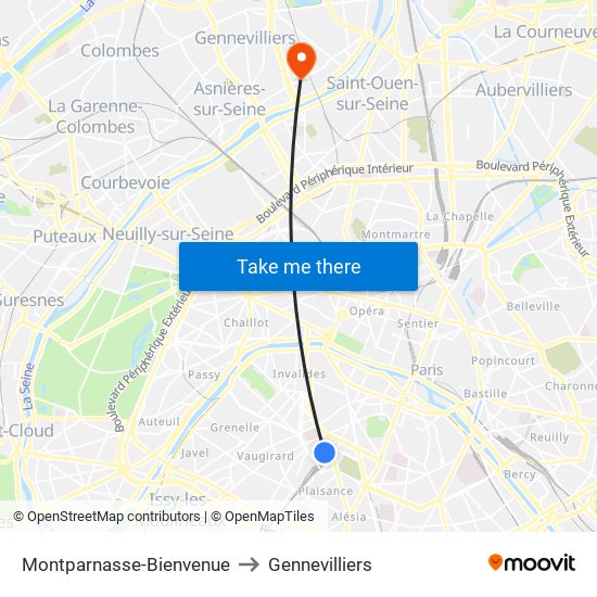 Montparnasse-Bienvenue to Gennevilliers map