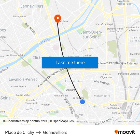 Place de Clichy to Gennevilliers map