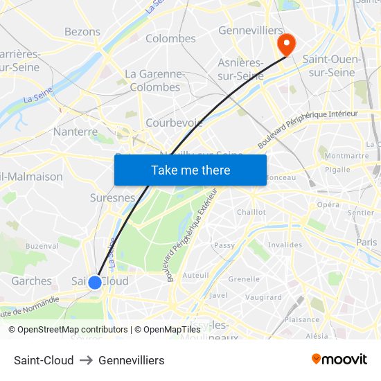Saint-Cloud to Gennevilliers map