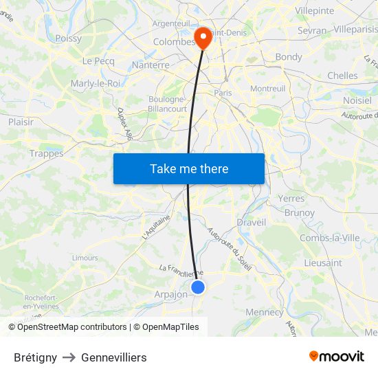 Brétigny to Gennevilliers map