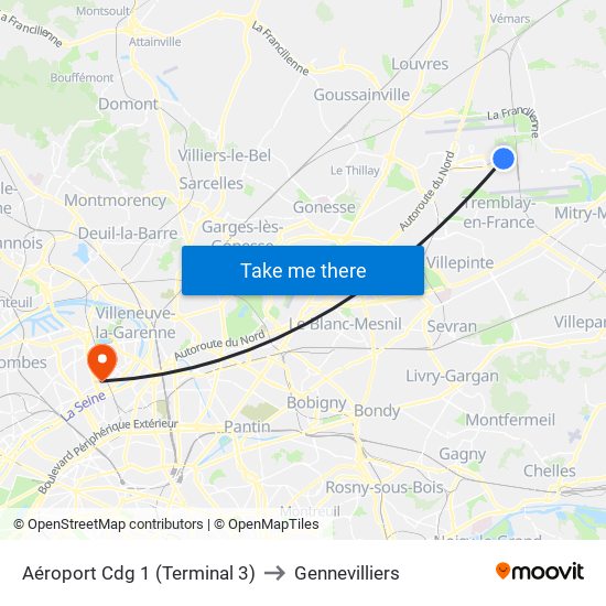 Aéroport Cdg 1 (Terminal 3) to Gennevilliers map