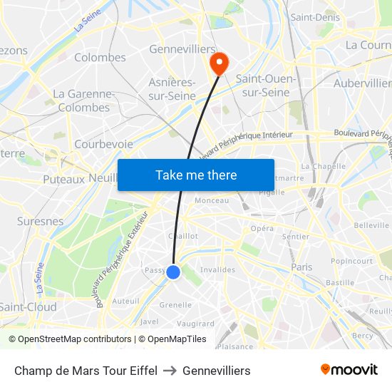 Champ de Mars Tour Eiffel to Gennevilliers map