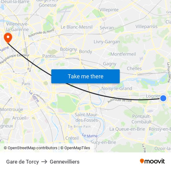 Gare de Torcy to Gennevilliers map