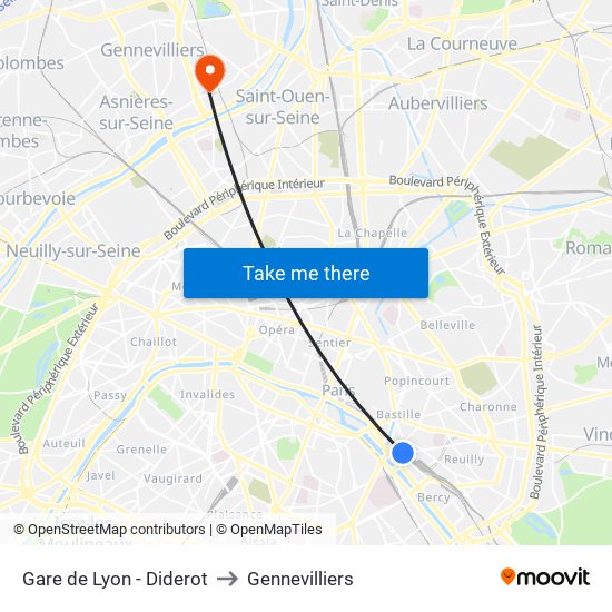 Gare de Lyon - Diderot to Gennevilliers map
