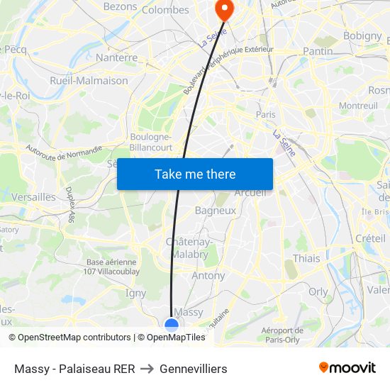 Massy - Palaiseau RER to Gennevilliers map