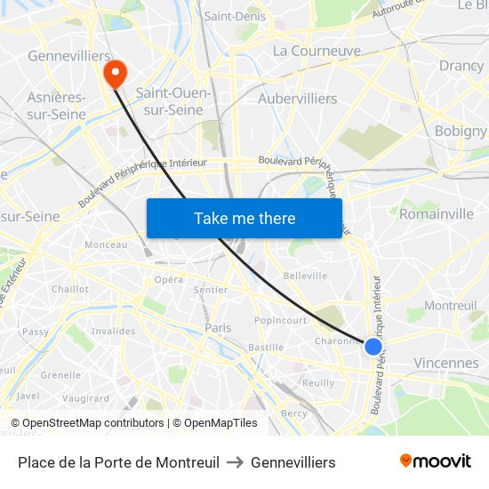 Place de la Porte de Montreuil to Gennevilliers map