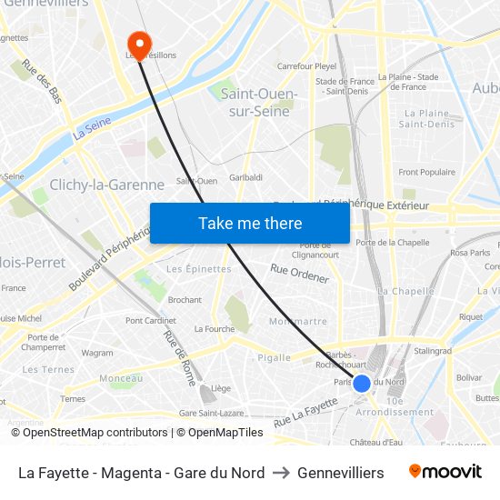 La Fayette - Magenta - Gare du Nord to Gennevilliers map