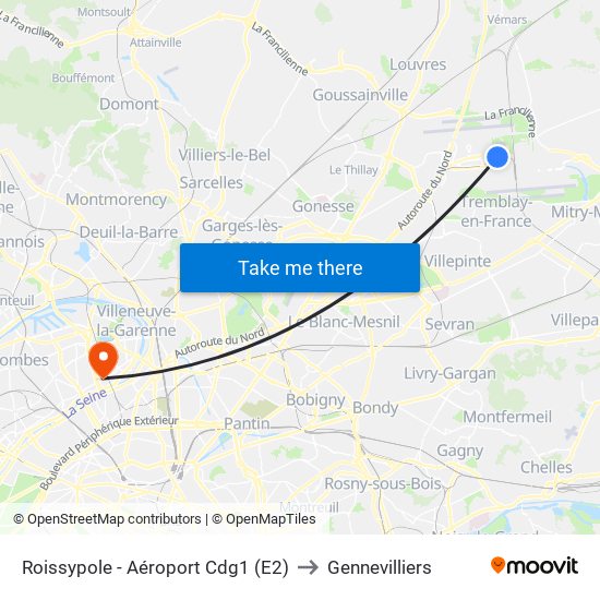 Roissypole - Aéroport Cdg1 (E2) to Gennevilliers map