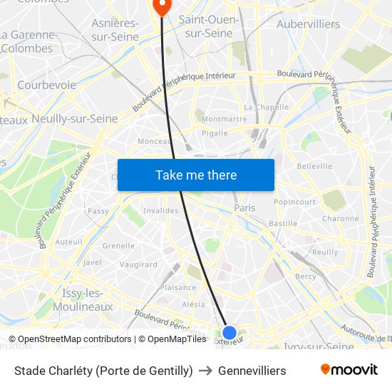 Stade Charléty (Porte de Gentilly) to Gennevilliers map