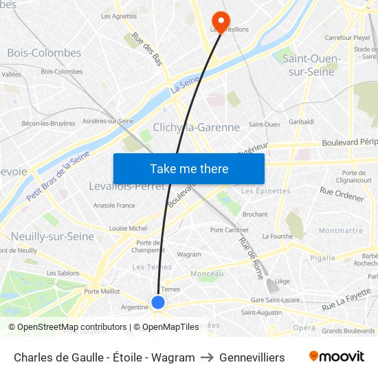 Charles de Gaulle - Étoile - Wagram to Gennevilliers map