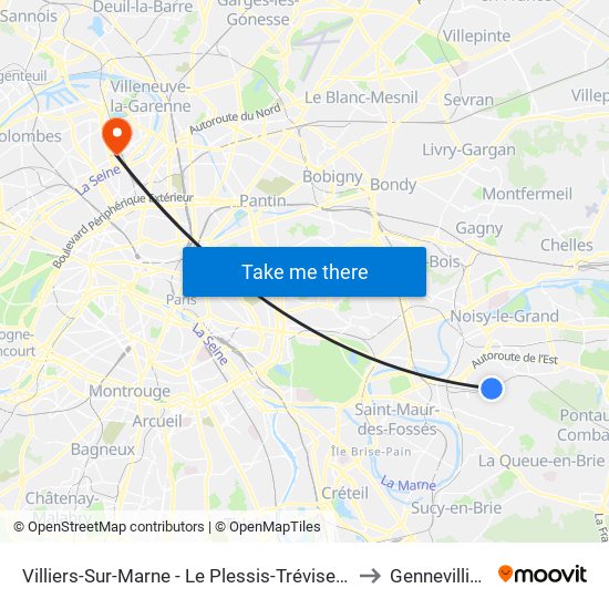 Villiers-Sur-Marne - Le Plessis-Trévise RER to Gennevilliers map