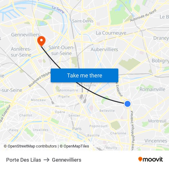Porte Des Lilas to Gennevilliers map