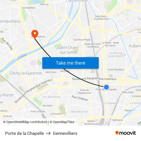 Porte de la Chapelle to Gennevilliers map