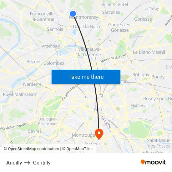 Andilly to Gentilly map
