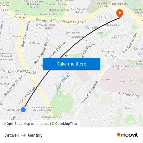 Arcueil to Gentilly map