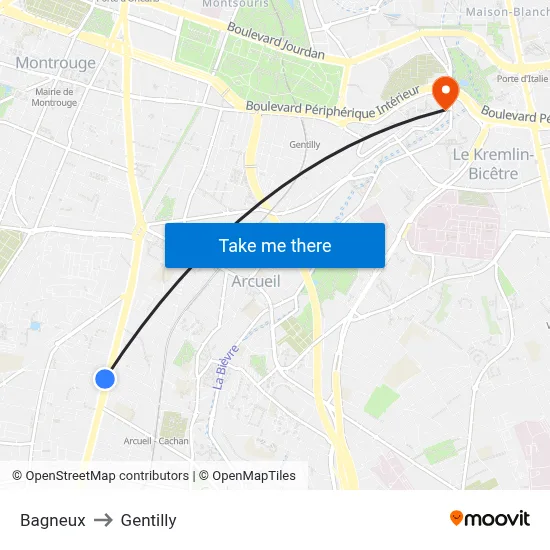 Bagneux to Gentilly map
