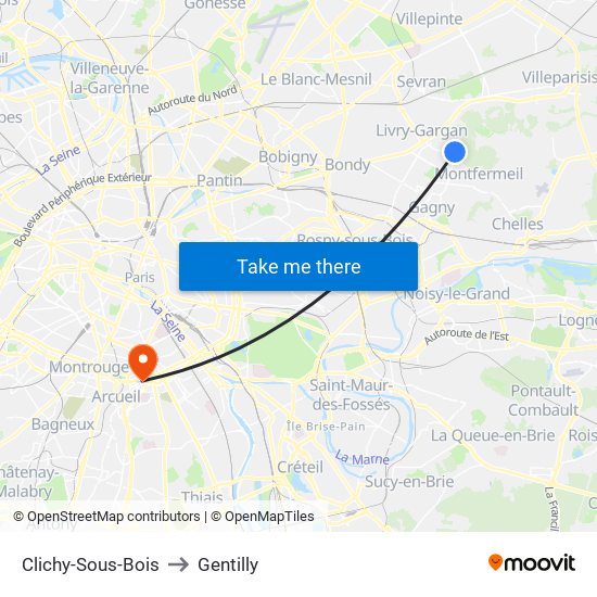 Clichy-Sous-Bois to Gentilly map