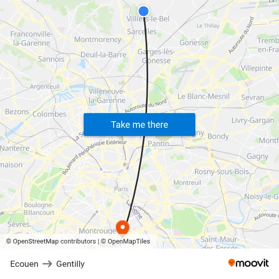 Ecouen to Gentilly map
