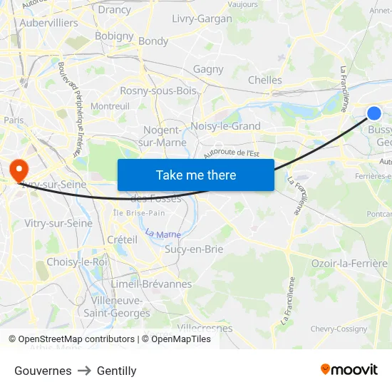 Gouvernes to Gentilly map