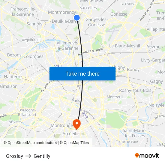 Groslay to Gentilly map