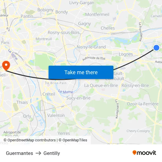 Guermantes to Gentilly map