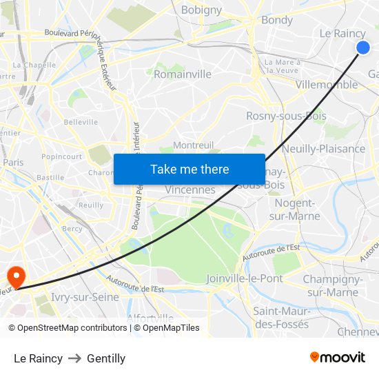 Le Raincy to Gentilly map