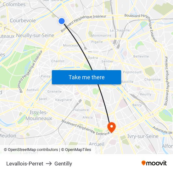 Levallois-Perret to Gentilly map