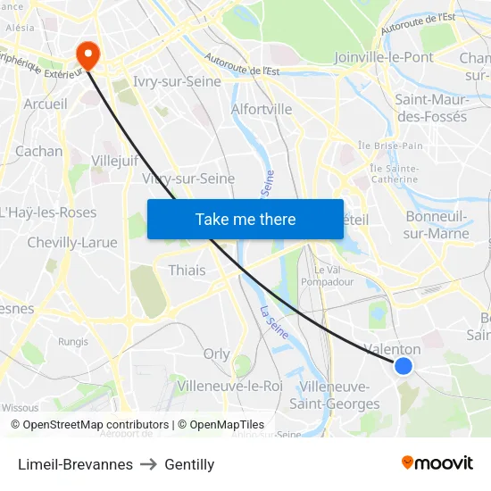 Limeil-Brevannes to Gentilly map