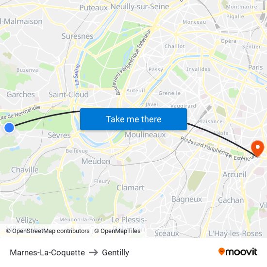 Marnes-La-Coquette to Gentilly map