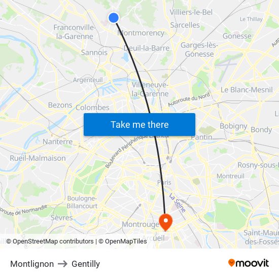 Montlignon to Gentilly map