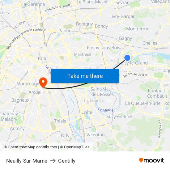 Neuilly-Sur-Marne to Gentilly map