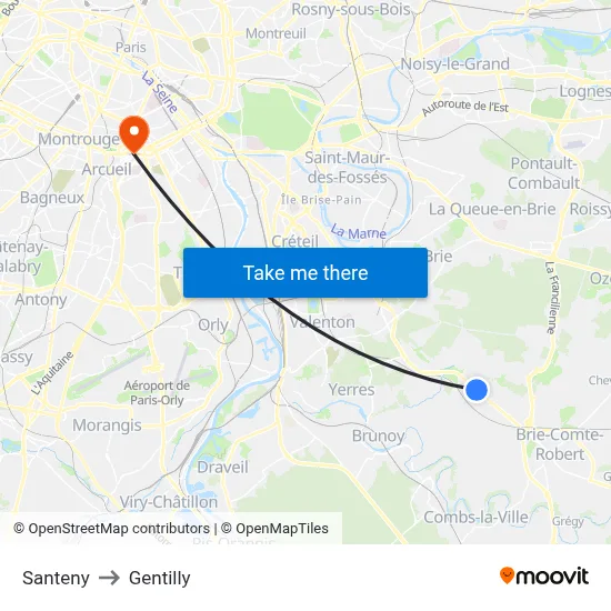 Santeny to Gentilly map