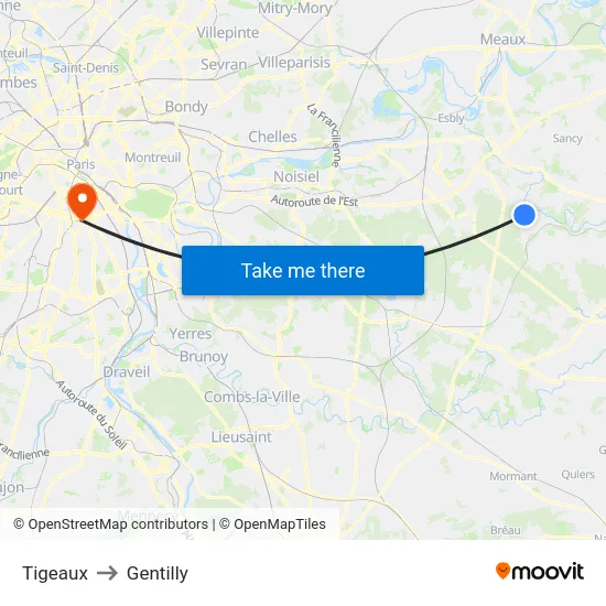 Tigeaux to Gentilly map
