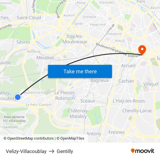 Velizy-Villacoublay to Gentilly map