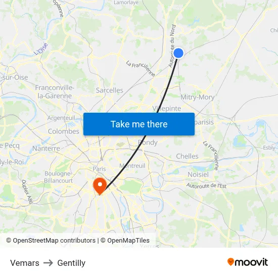 Vemars to Gentilly map