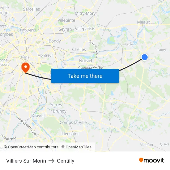 Villiers-Sur-Morin to Gentilly map
