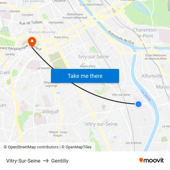 Vitry-Sur-Seine to Gentilly map