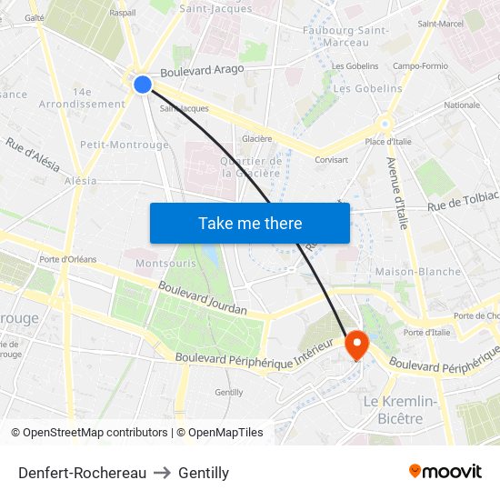 Denfert-Rochereau to Gentilly map