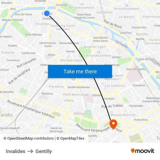 Invalides to Gentilly map