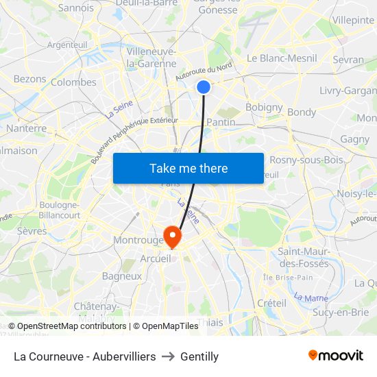 La Courneuve - Aubervilliers to Gentilly map