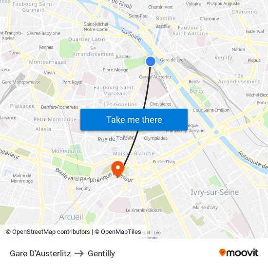 Gare D'Austerlitz to Gentilly map